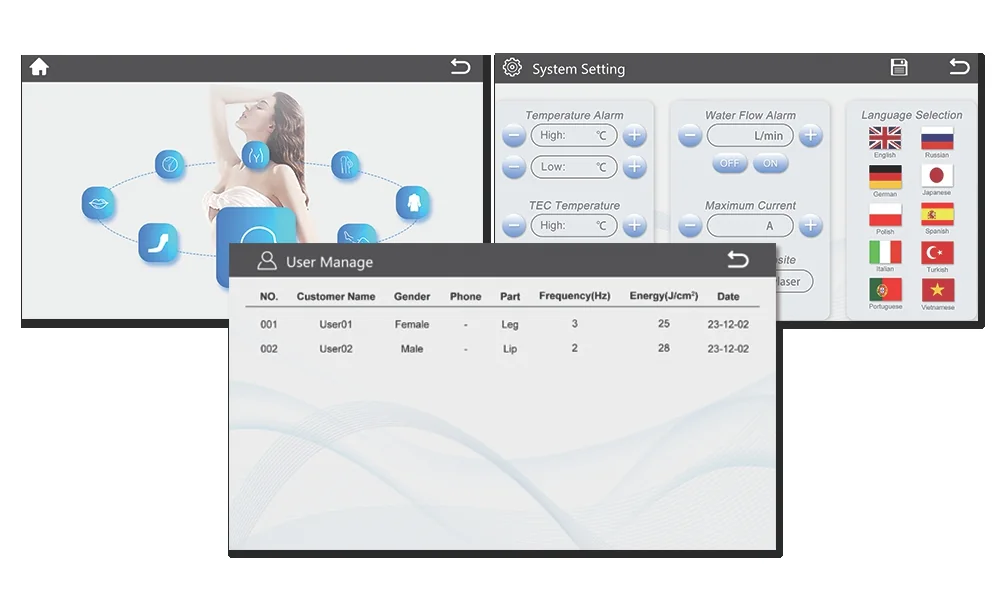 Android interface: body zones, settings and clients